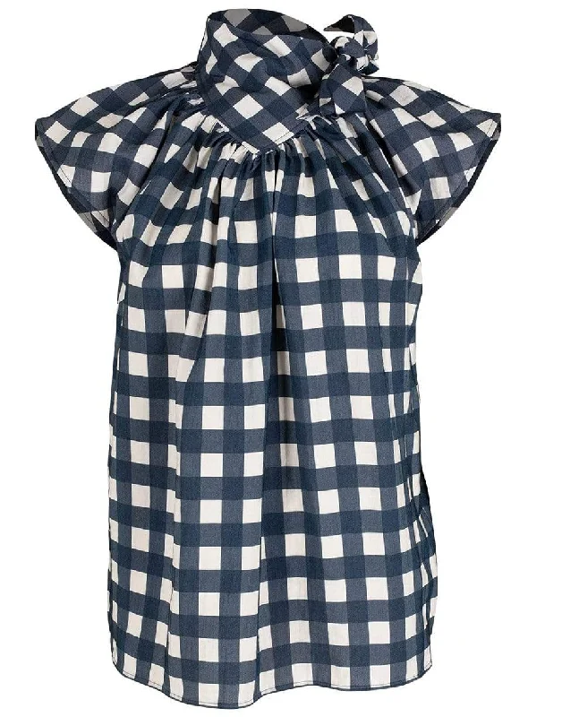 Midnight Blue Gingham Bow Detail Top