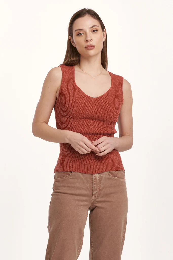 Neomi Decollete Neck Ribbed Tank Top in Intense Rust