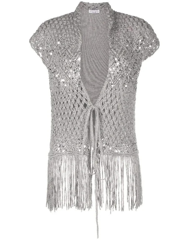 Sequin-Embellished Crochet Knit Pailette Vest