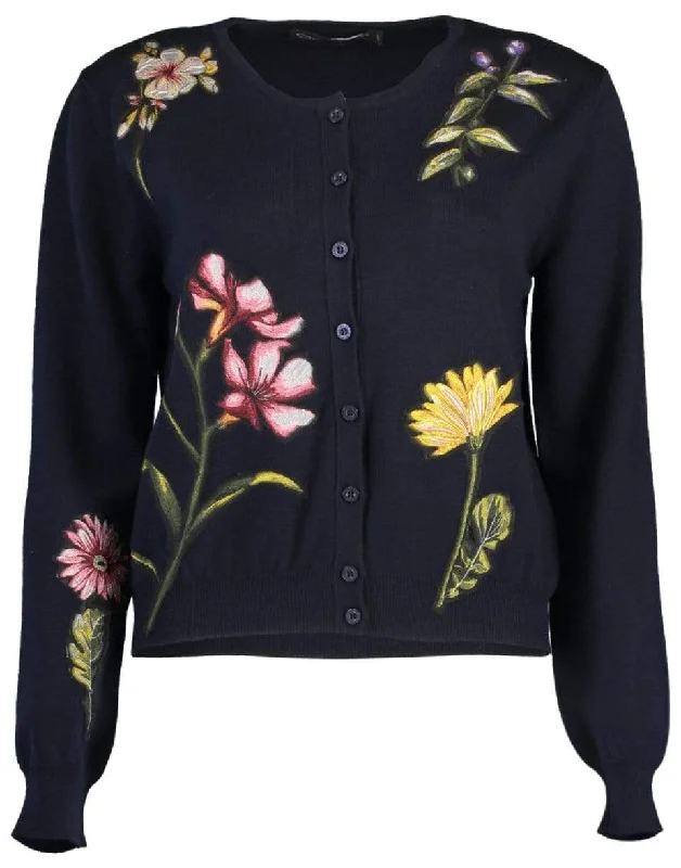 Navy Long Sleeve Floral Embroidered Cardigan