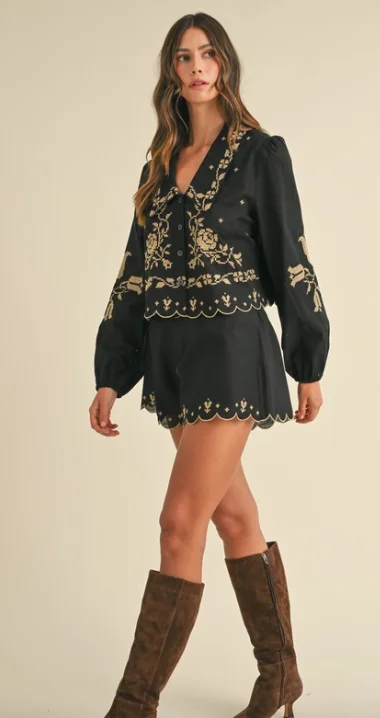 Embroidered Collar Shirt & Short Set