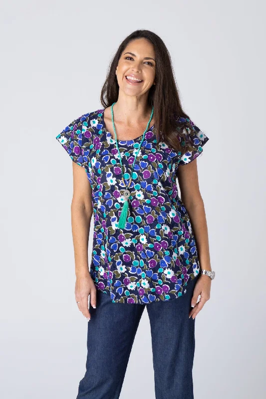 Grape Print Short Sleeve Non-Crush Jacquard Cotton Top