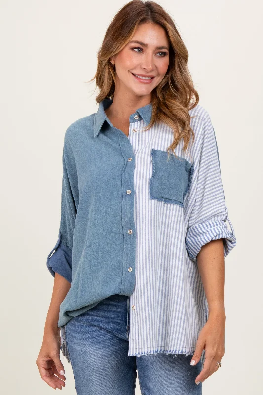 Blue Colorblock Stripe Oversized Button Down