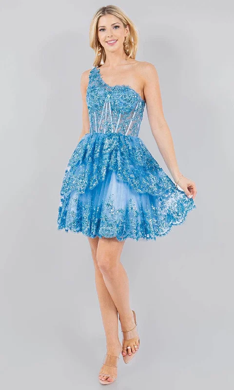 Cinderella Couture 5132J - Asymmetric Sheer Corset Top Cocktail Dress