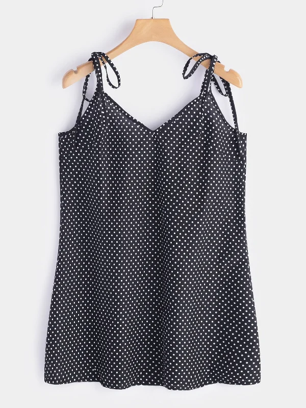 Wholesale Black V-Neck Sleeveless Polka Dot Backless Lace-Up Spaghetti Strap Mini Dress