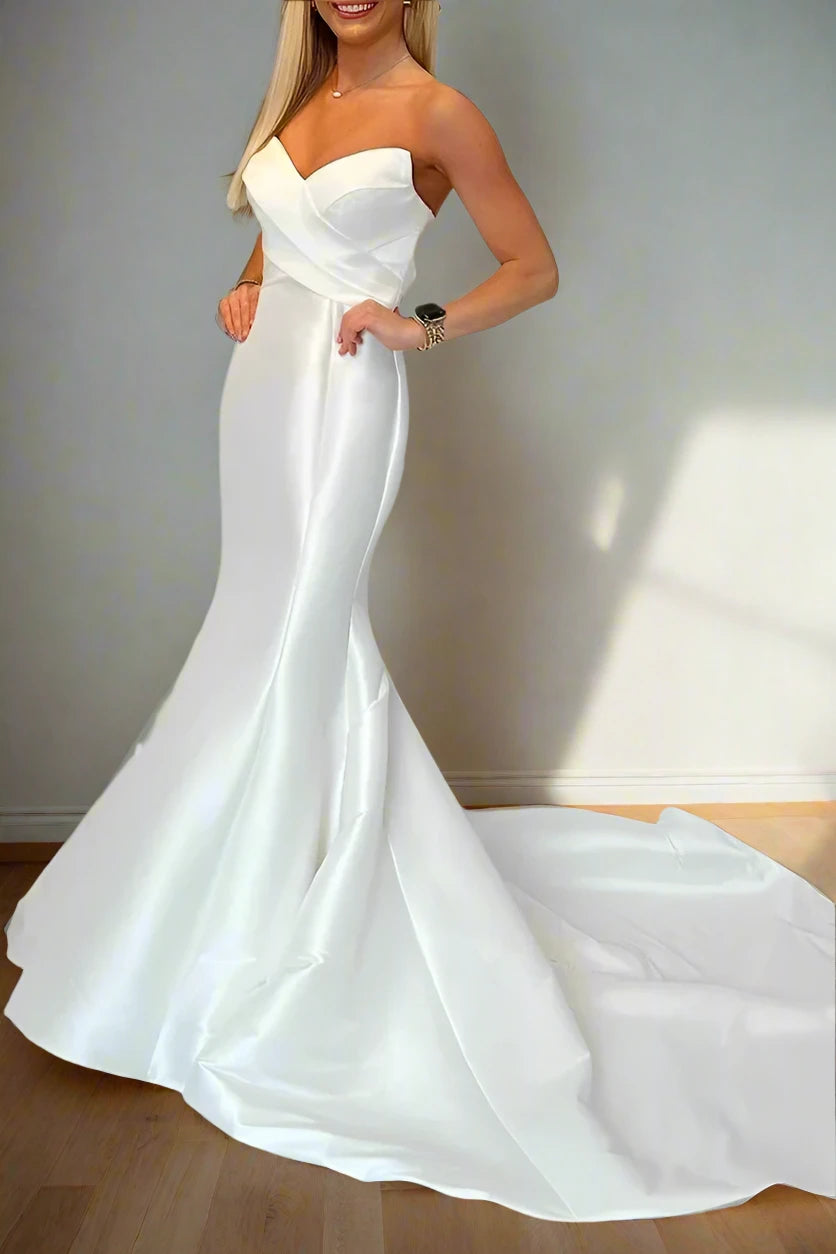 Strapless Satin Mermaid Wedding Dress with Pleated