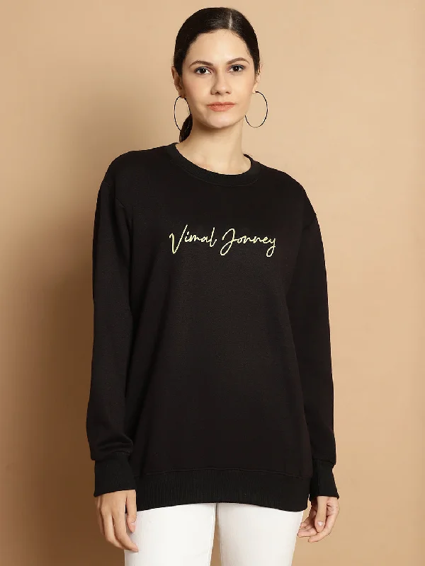 Mack Jonney Black Printed Round Neck Cotton Fleece Sweatshirt for Women