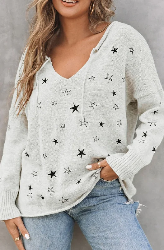 'Phoebe' Star V-Neck Roll Hem Drop Shoulder Sweater