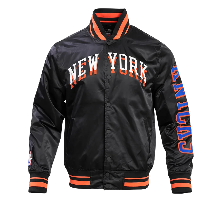 NBA NEW YORK KNICKS CHEST MEN'S LAYERED RIB SATIN JACKET (BLACK/ORANGE)