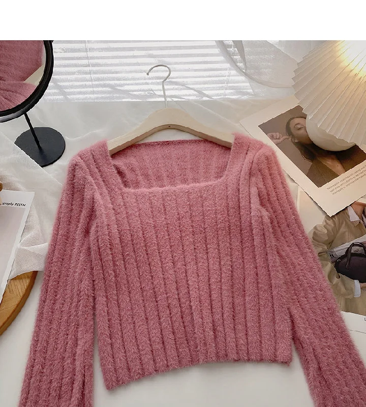 Niche design pit stripe sweater slim square neck top  6156