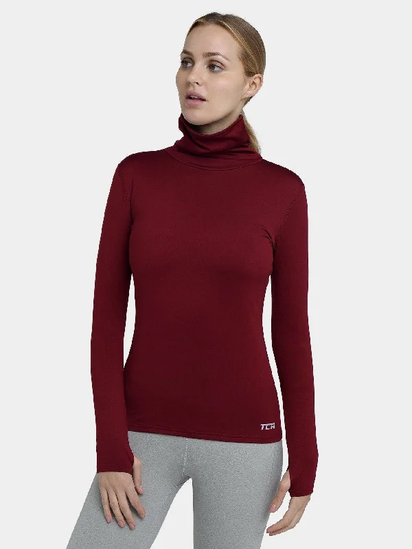 Warm-Up Thermal Long Sleeve Funnel Neck Top For Women With Brushed Inner Fabric, Thumbholes & Reflective Strips