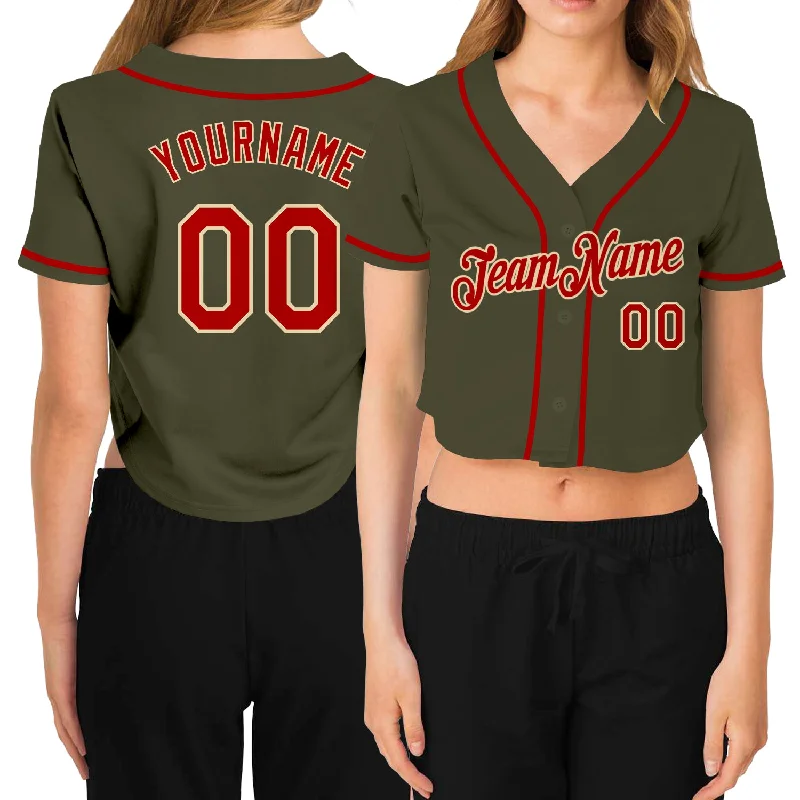 Custom Women's Olive Red-Cream Salute To Service V-Neck Cropped Baseball Jersey