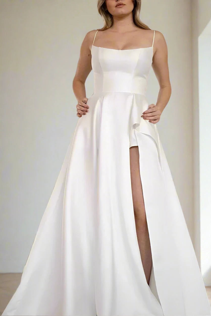 Scoop Neck Satin Wedding Dress with High Slit