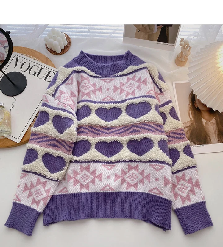 Fleece contrast color love sweater long sleeve Pullover Top  6151