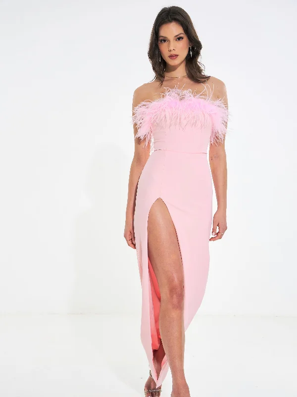 Pink Feather Maxi High Slit Dress