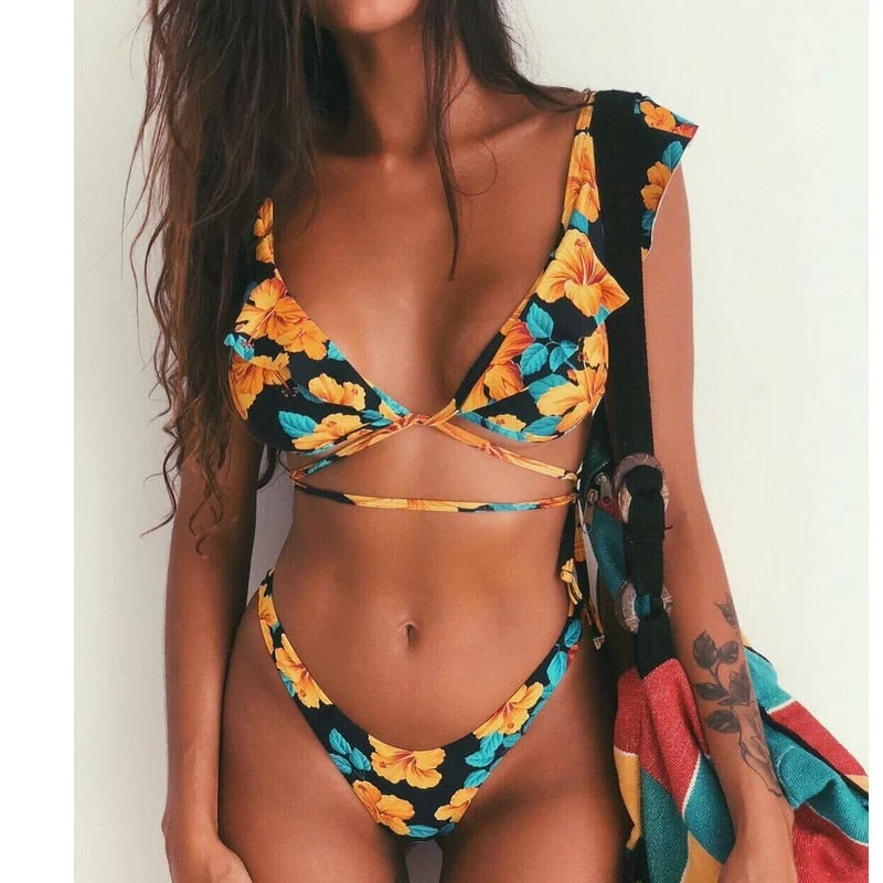 Women Bandeau Bikini Sets Push Up Bra Tops Thong Bottoms Swimwear Swimsuit Set Bandage Ruffles lace Up Floral Print