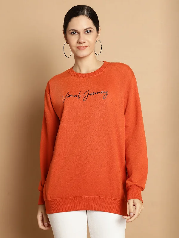 Mack Jonney Rust Printed Round Neck Cotton Fleece Sweatshirt for Women