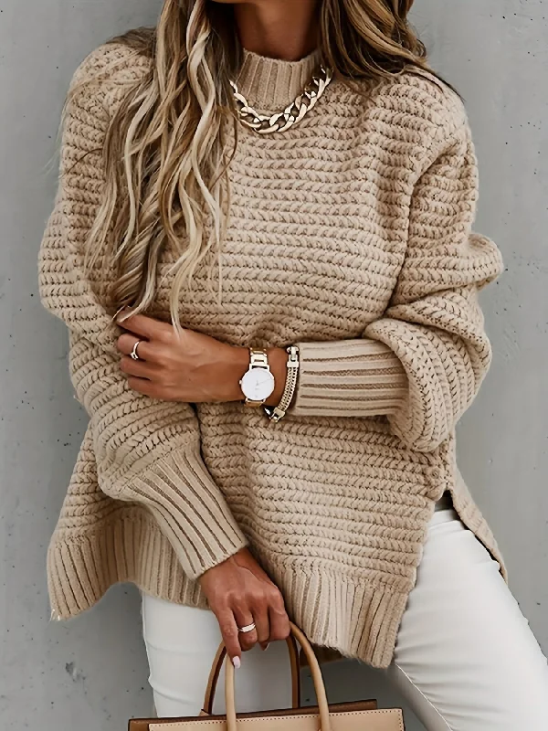 Sixsr Solid Mock Neck Chunky Knit Sweater, Casual Long Sleeve Split Pullover Sweater For Fall & Winter, Women's Clothing