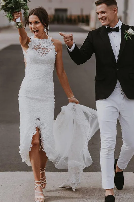 Sheath High Low Front-Slit White Lace Bridal Dress