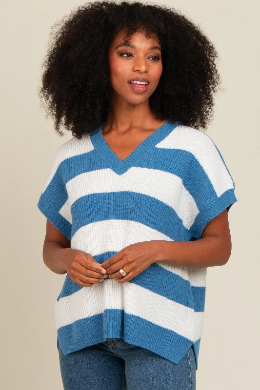 Blue Striped V-Neck Sweater Top