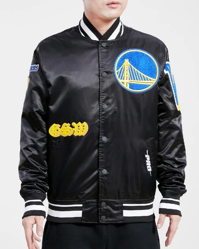 NBA GOLDEN STATE WARRIORS OLD ENGLISH MEN'S SATIN JACKET (BLACK)