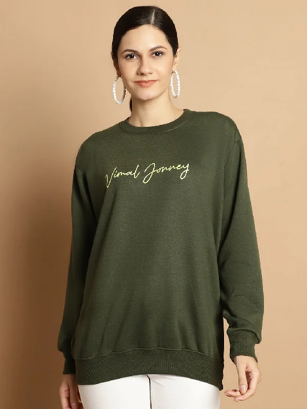 Mack Jonney Olive Printed Round Neck Cotton Fleece Sweatshirt for Women