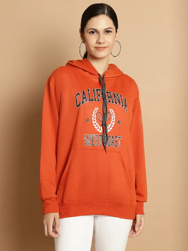 Mack Jonney Rust Printed Hooded Cotton Fleece Sweatshirt for Women