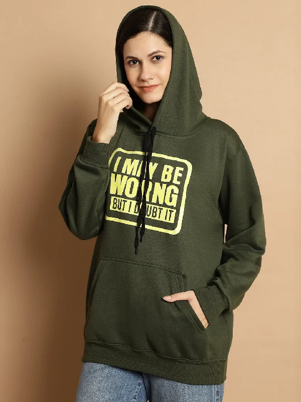 Mack Jonney Olive Printed Hooded Cotton Fleece Sweatshirt for Women