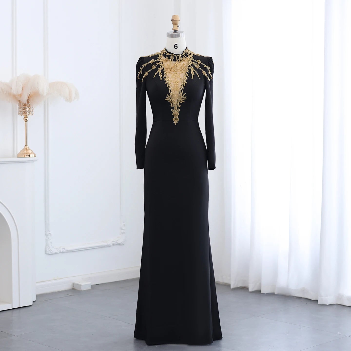 Beaded High Neck Long Sleeve Floor Length Dress