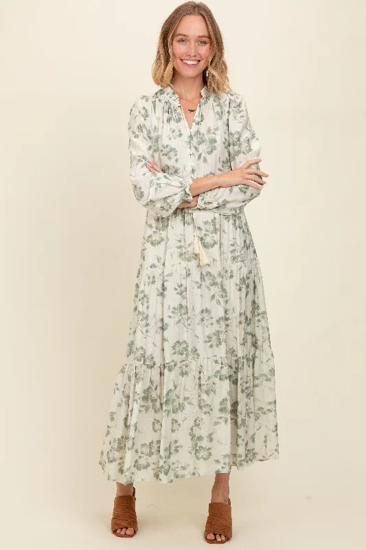 Olive Floral Button Front Tiered Long Sleeve Maxi Dress