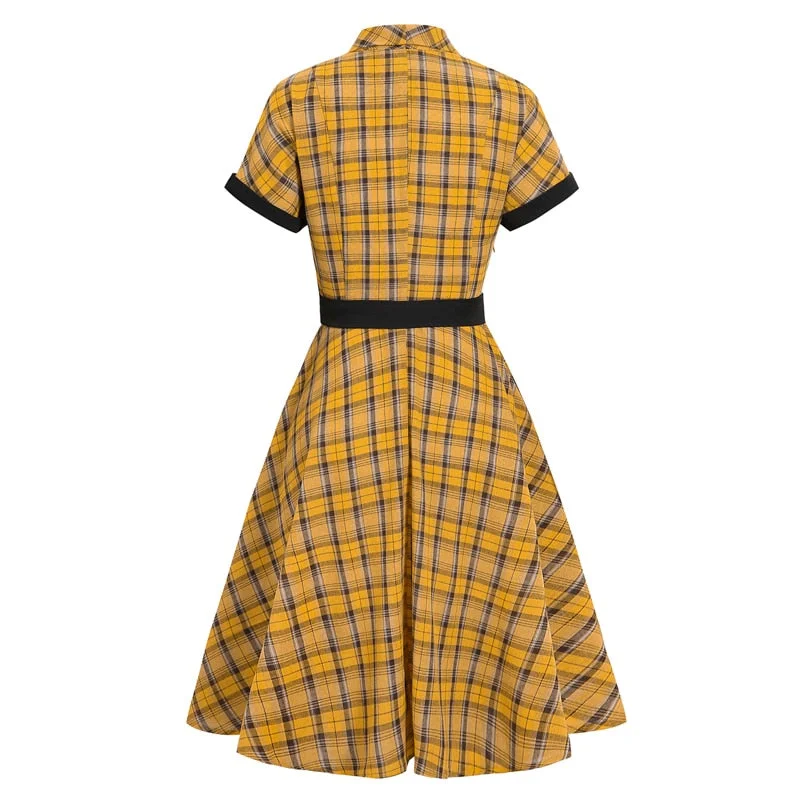 BerriesJam - 2024 Plaid Button Up High Waist Belted A Line Elegant Dress