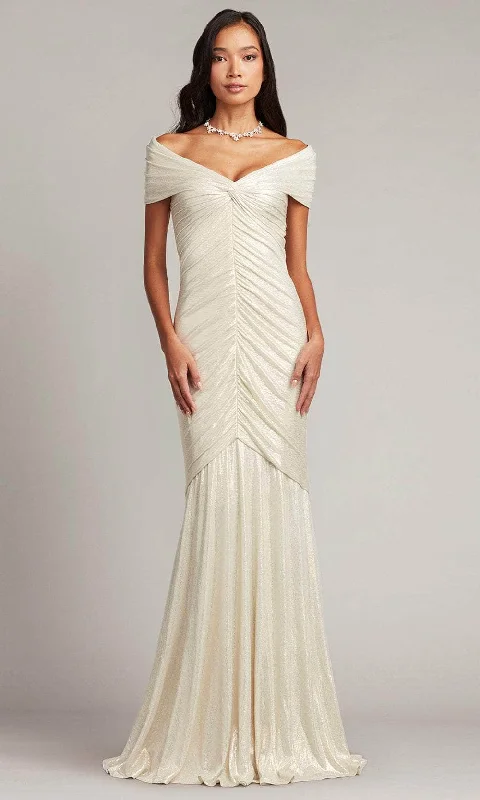 Tadashi Shoji BSJ24023L - Piette Cap V-Neck Draped Metallic Jersey Gown