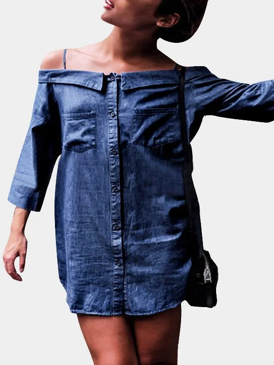 Wholesale Blue Off The Shoulder 3/4 Length Sleeve Mini Dress