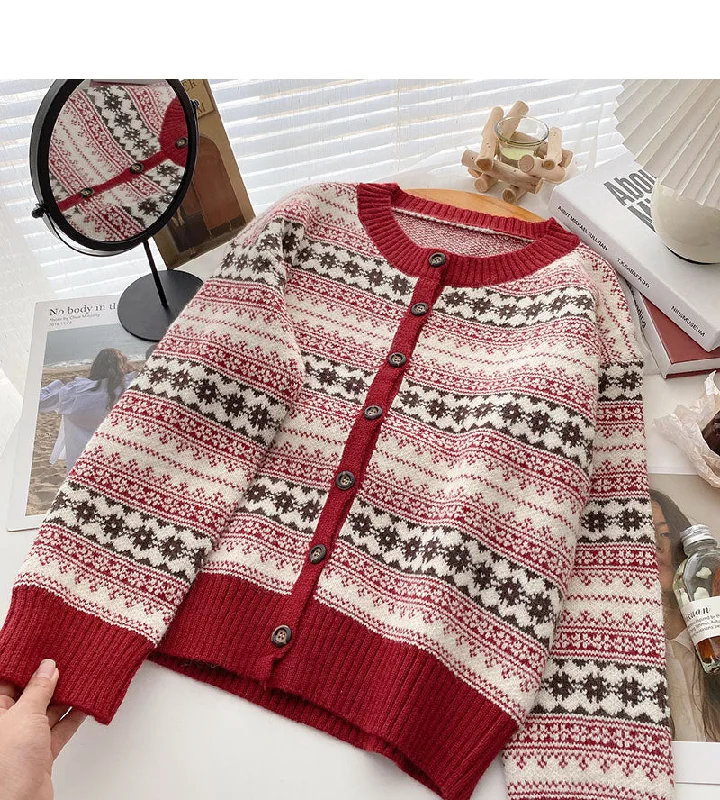 Vintage color matching sweater cardigan personalized long sleeve top  6120