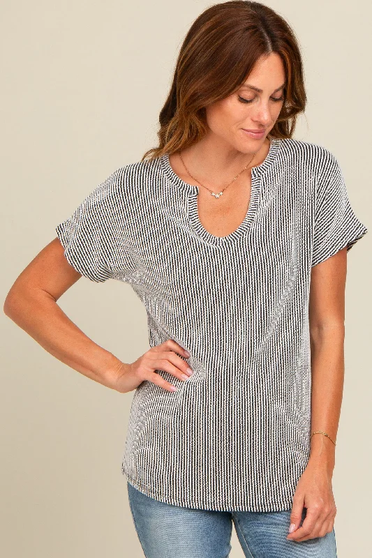 Black Ribbed Split Neckline Short Sleeve Top