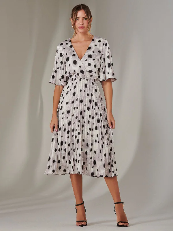 Pleated Wrap Midi Dress, White Polka Dot