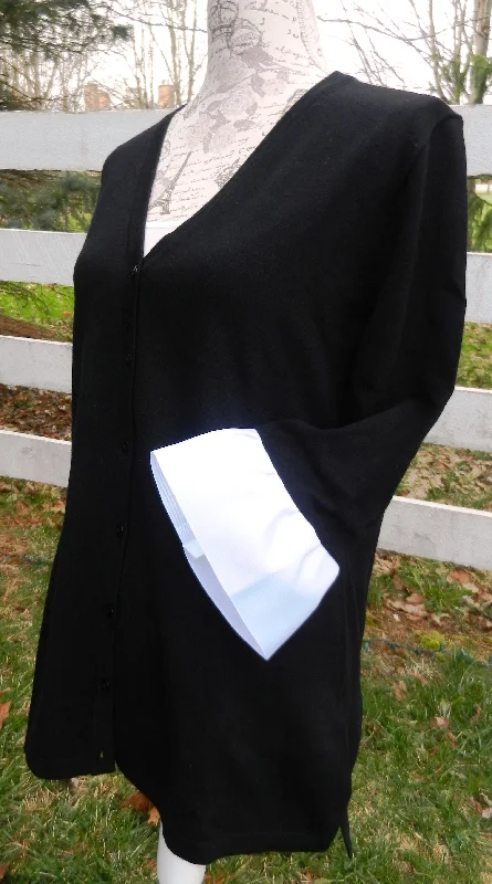 Wednesday Cardigan Black w White Grosgrain 3/4 Sleeve - (WC Blk Wt)