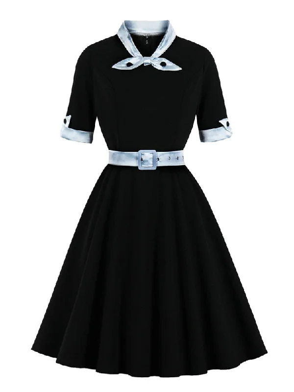 BerriesJam - 2024 Tonval Green Contrast Bow Neck Belted Dress