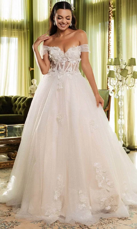 May Queen LK244 - Off-Shoulder 3D Flower Embellished Ballgown