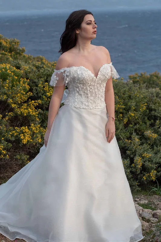 A-Line Long Off the Shoulder Ivory Wedding Dress with Appliques