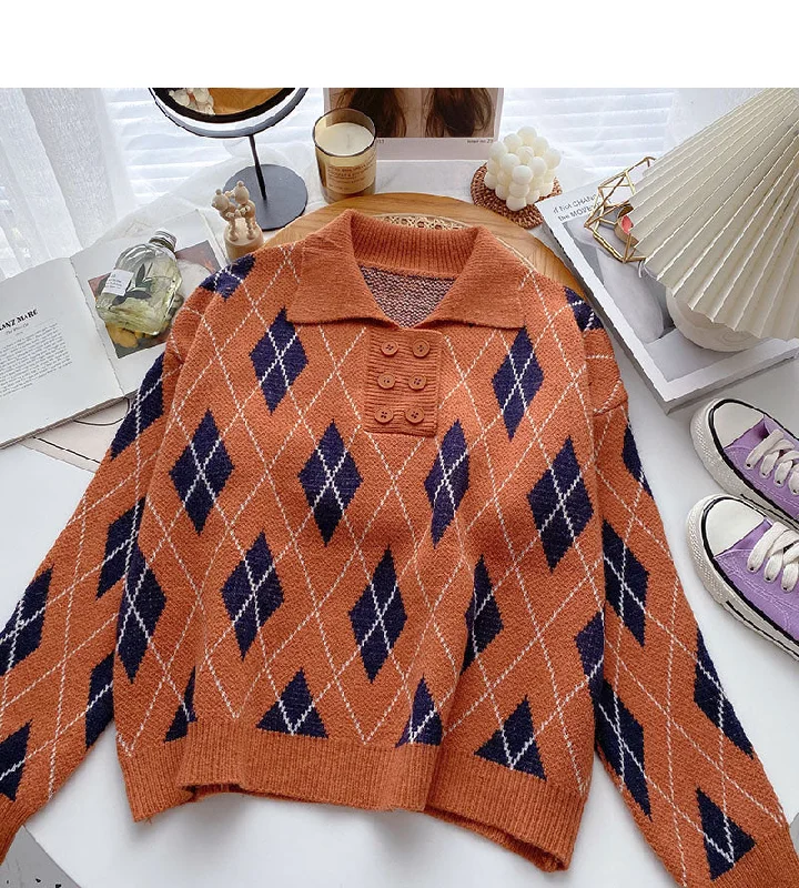 Lapel Pullover design rhombic contrast top  6124