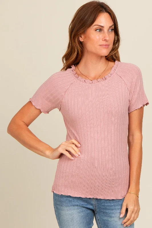 Mauve Ruffle Trim Ribbed Top