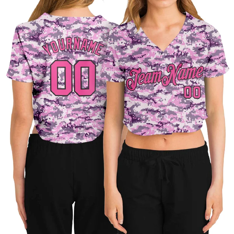 Custom Women's Camo Pink-Black Salute To Service 3D V-Neck Cropped Baseball Jersey