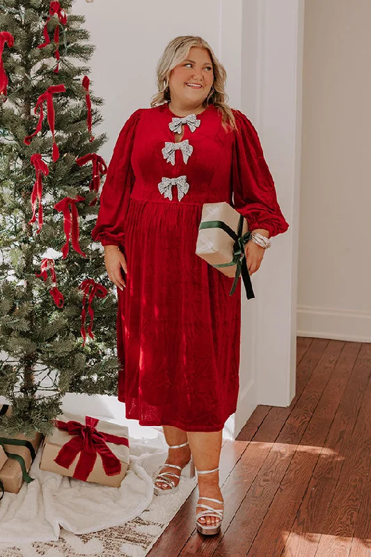 For The Love Of Bows Velvet Midi in Crimson Curves