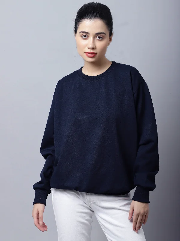 Mack Jonney Fleece Round Neck Navy Blue Sweatshirt For Women