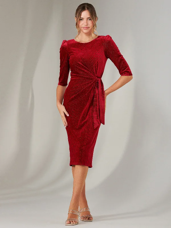 Metallic Thread Velvet Midi Dress, Burgundy