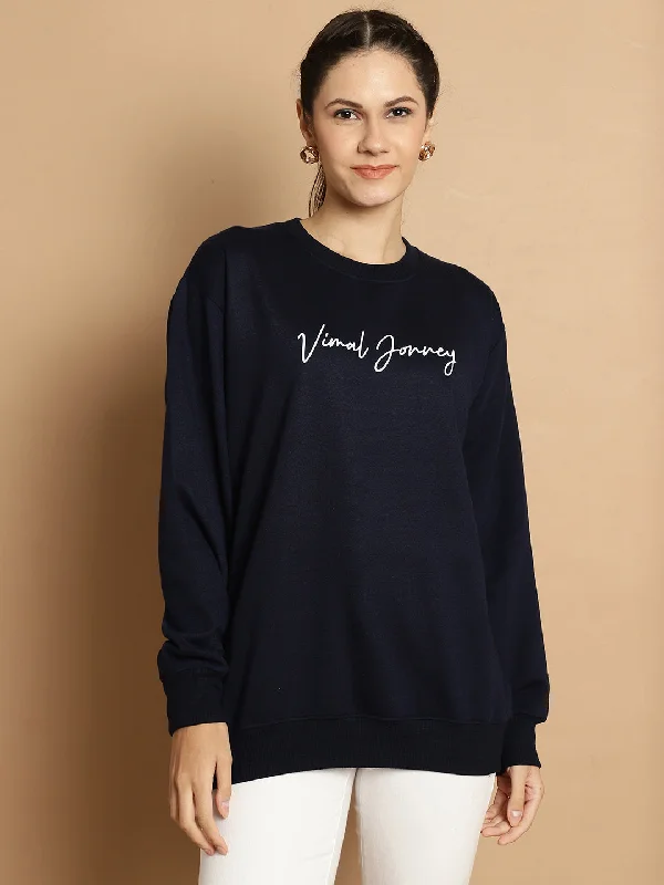 Mack Jonney Navy Blue Printed Round Neck Cotton Fleece Sweatshirt for Women