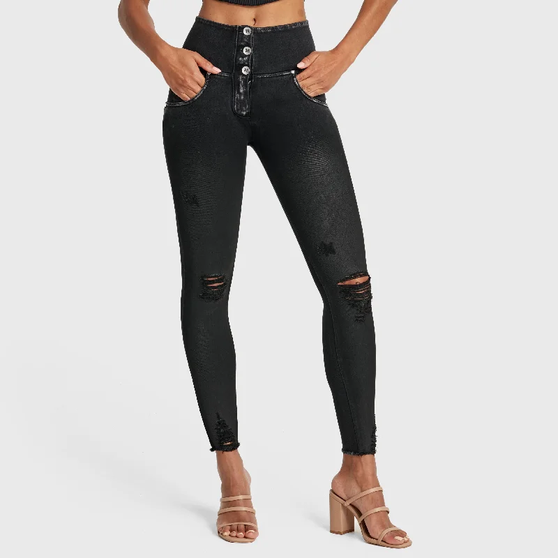 WR.UP® Snug Ripped Jeans - High Waisted - Full Length - Coated Black + Black Stitching