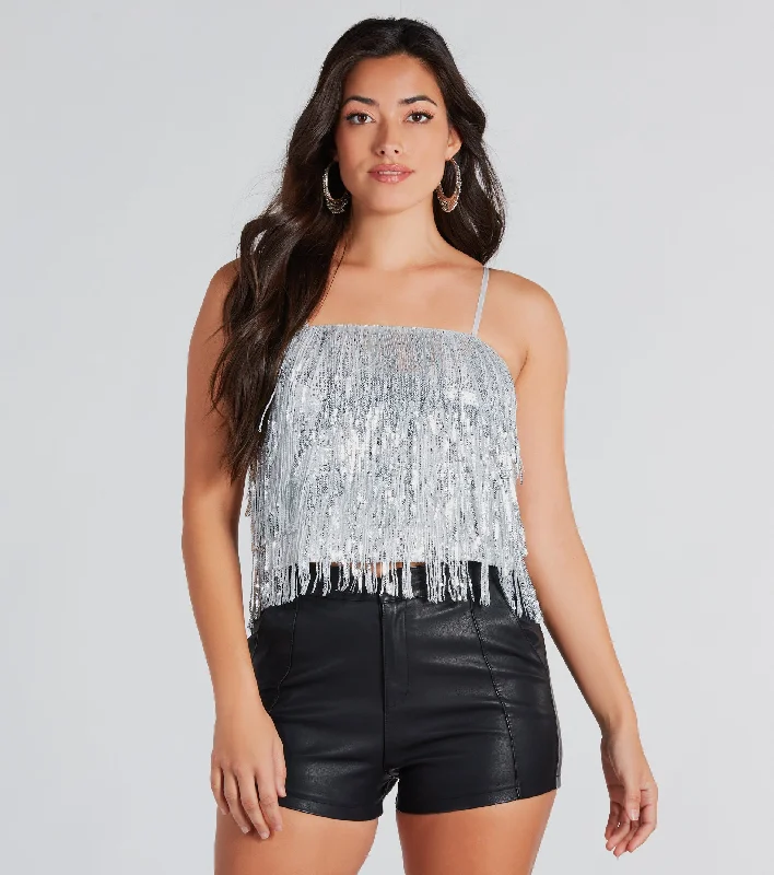 Spotlight Beauty Sequin Fringe Crop Top