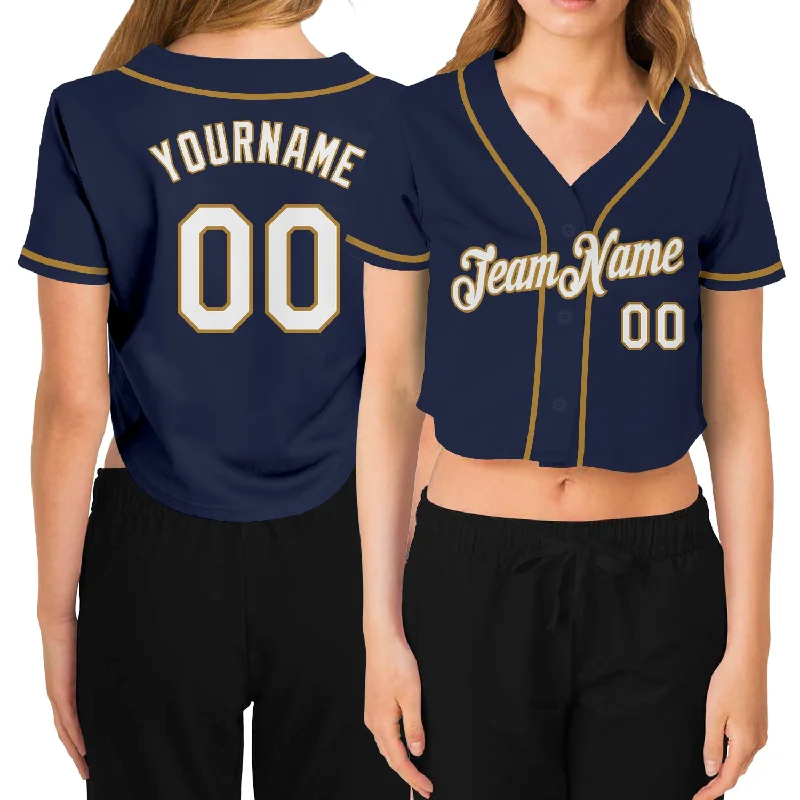 Custom Women's Navy White-Old Gold V-Neck Cropped Baseball Jersey